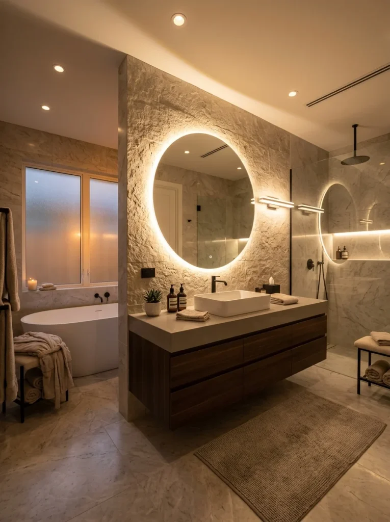 Modern bathroom illuminated with energy-saving LED lighting.