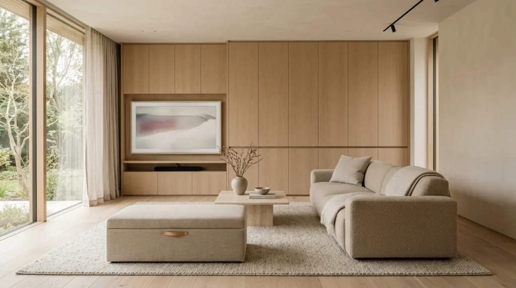 Concealed storage keeping a minimalist living room organized.