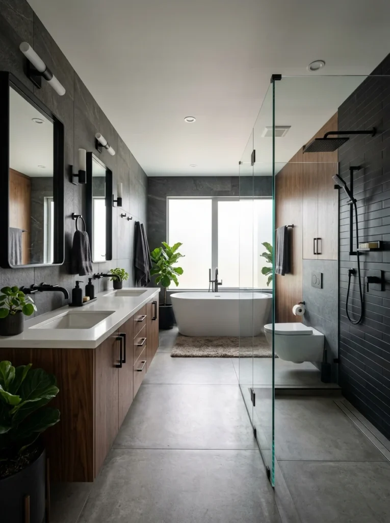 Bathroom with matching black fixtures throughout the space.