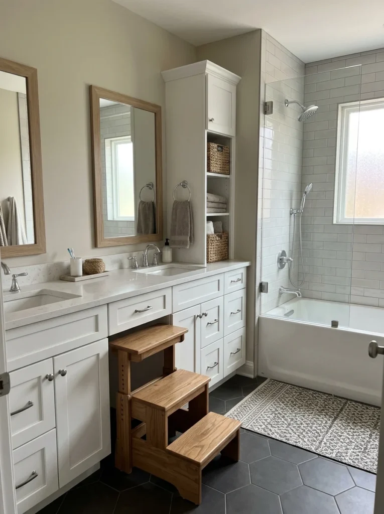 Flexible bathroom layout designed for children of different ages.