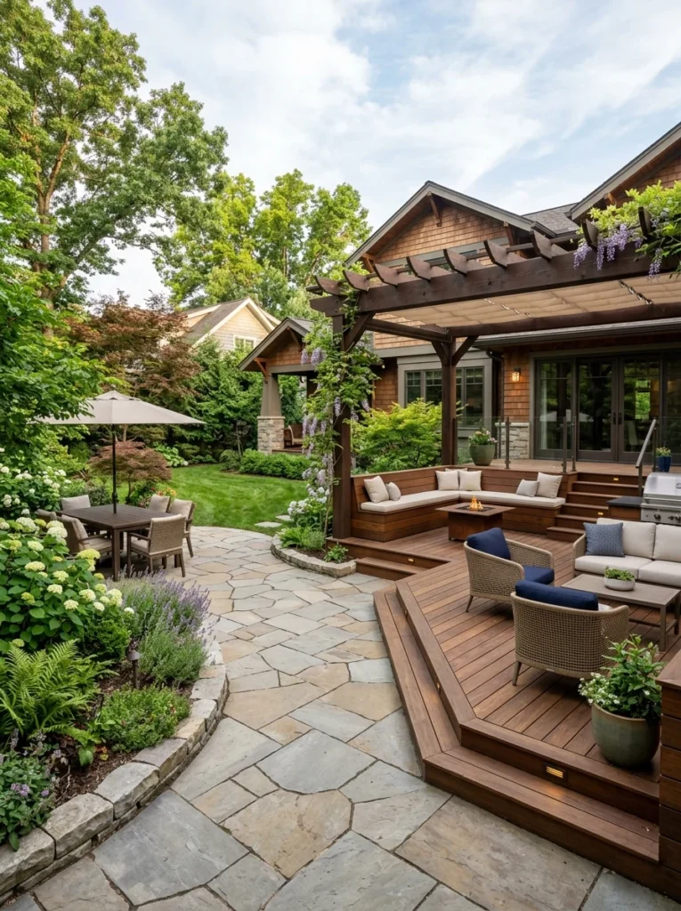 Curved patio and multi-level deck with pergola.
