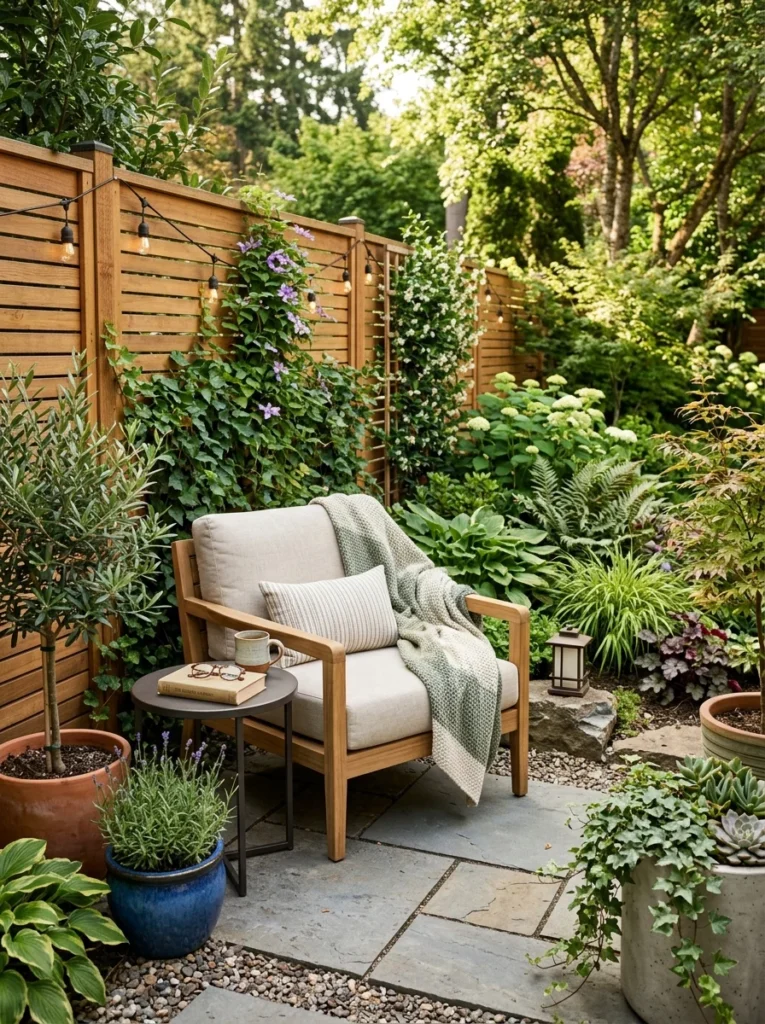 Compact outdoor reading nook in an unused backyard corner.