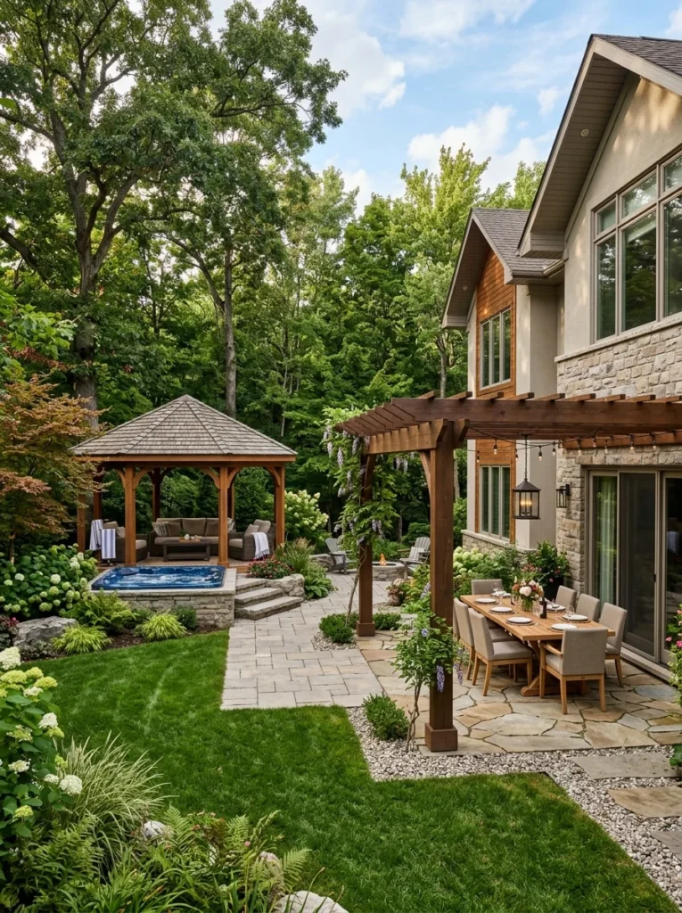 Pergola covering a dining patio and gazebo sheltering a relaxing lounge area.