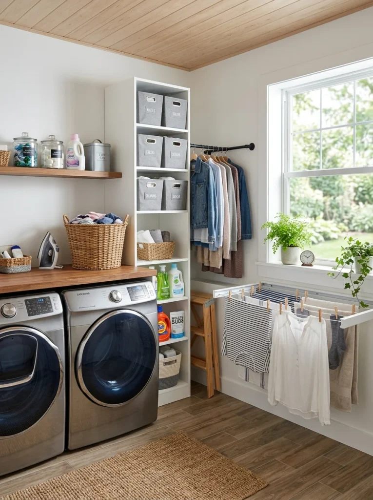 Hanging rod for air-drying clothes in a functional laundry room.