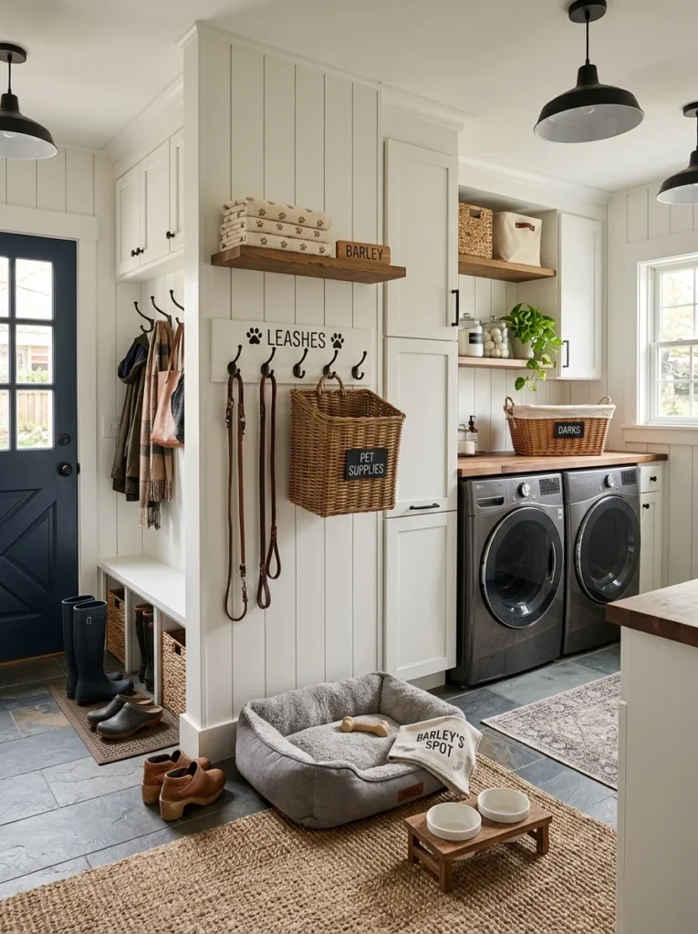 Organized pet station with leash hooks and towels inside a laundry room mudroom.