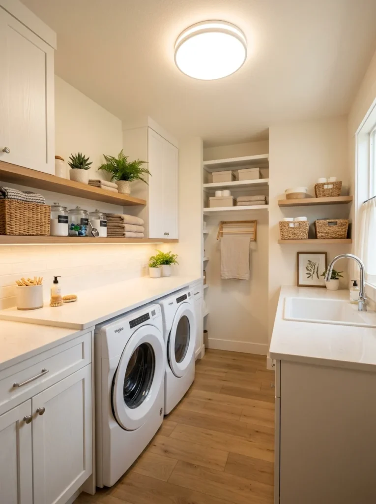 Modern lighting improving the look and function of a laundry room.