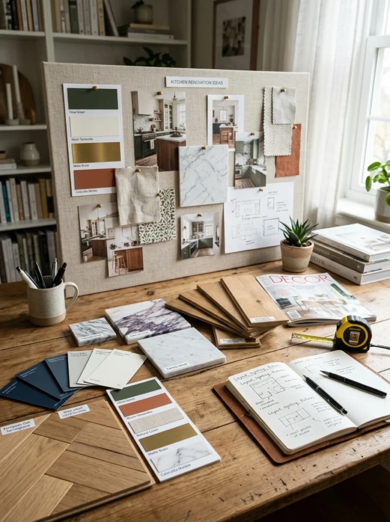 Kitchen design board with paint swatches, wood samples, and countertop materials.