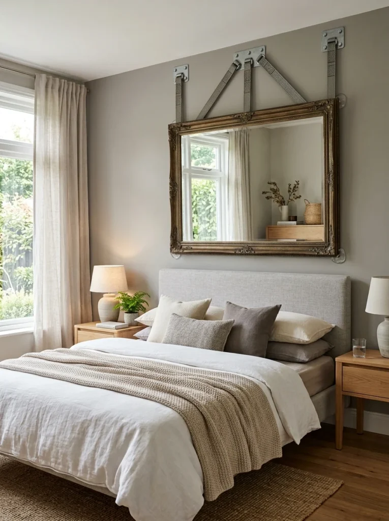Heavy mirror above a bed secured with additional safety hardware.