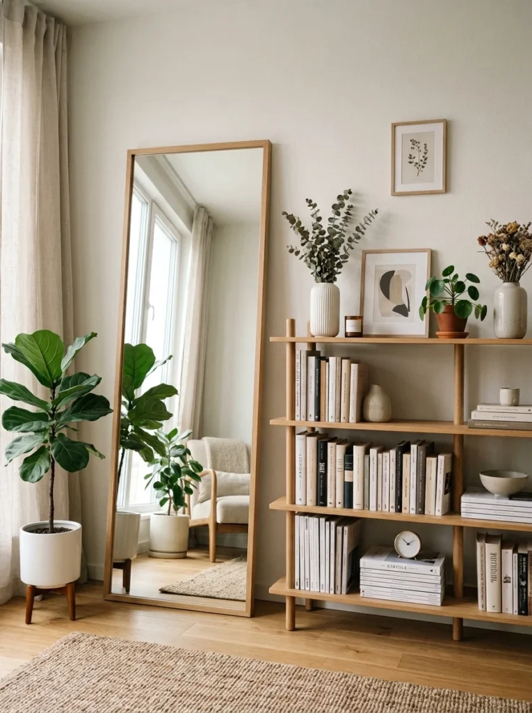 Large leaning floor mirror decorating a rental living room without wall mounting.
