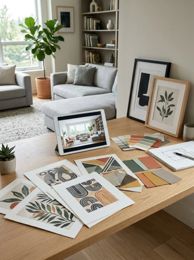 Interior designer comparing printed artwork samples and digital room mockups before selecting wall art.