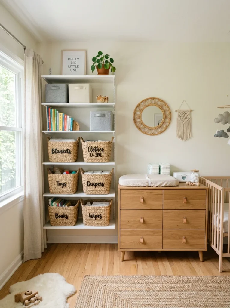 Organized nursery with adjustable shelving, woven baskets, and functional storage solutions.