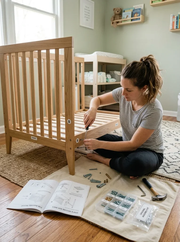 Parent assembling a baby crib following manufacturer instructions.