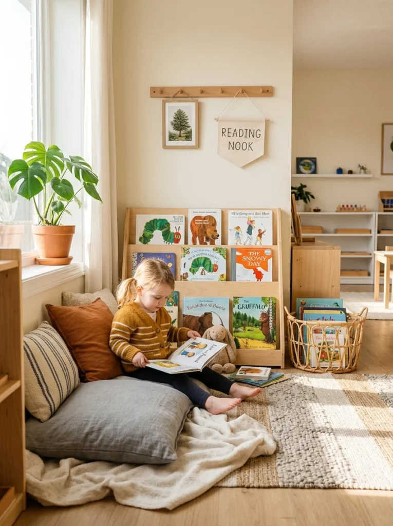 Cozy reading nook with accessible books and soft seating for toddlers.