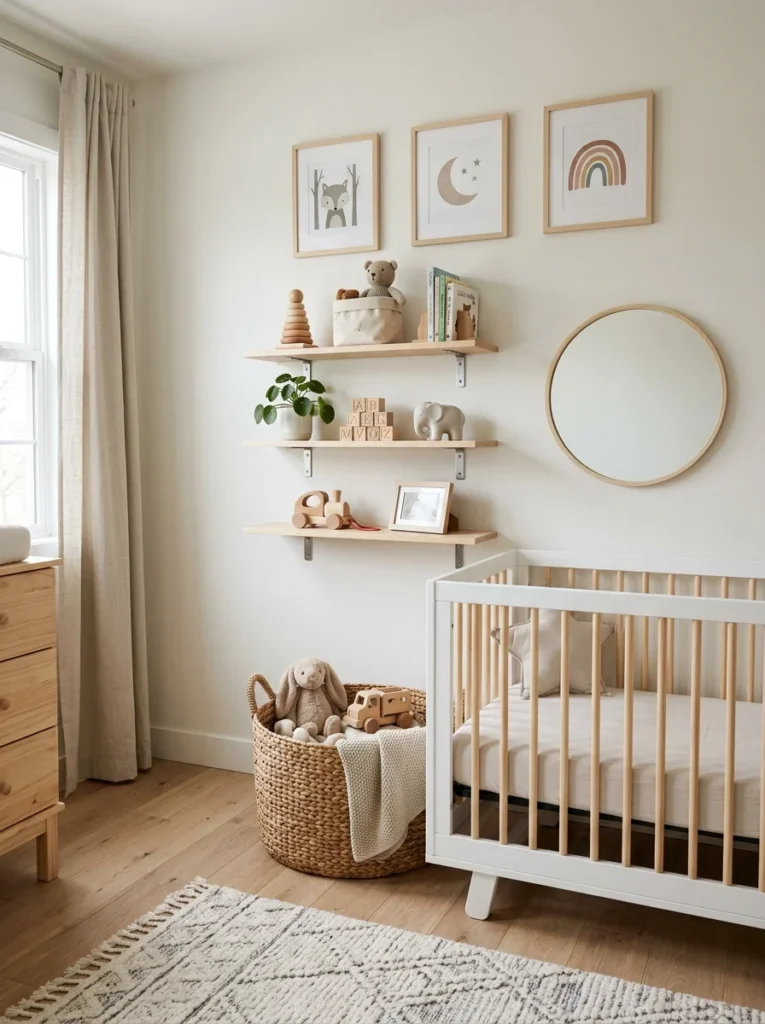 Safely mounted shelves, mirror, and artwork in a child's room.