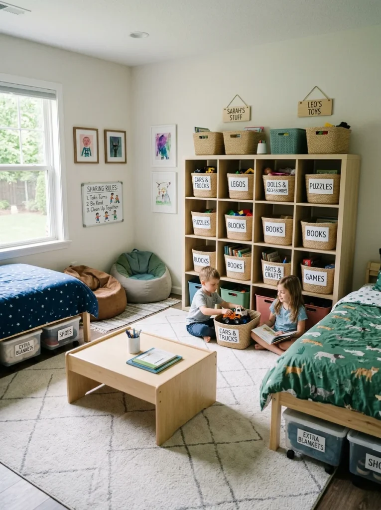 Well-organized shared bedroom with clearly divided storage and belongings.