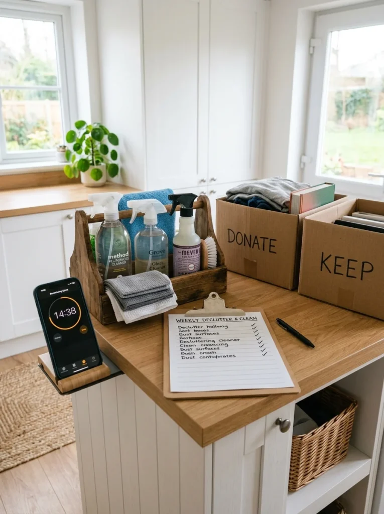 Using a timer to stay productive during weekend decluttering.
