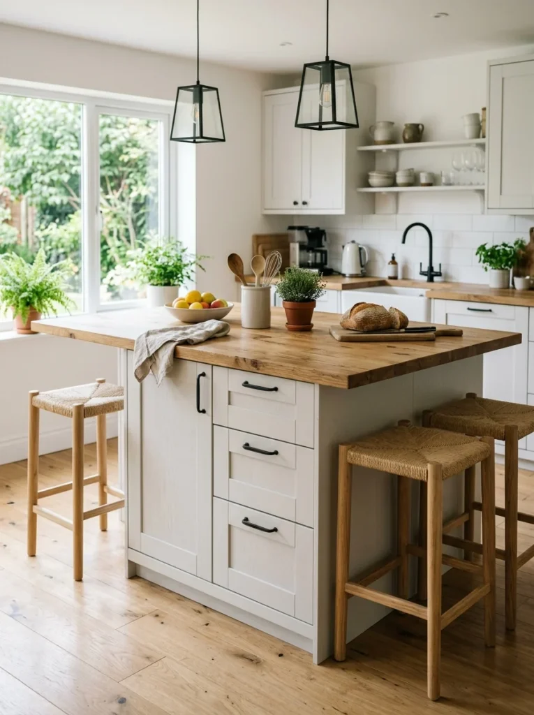 Kitchen island constructed using flat-pack cabinets and wood countertop.