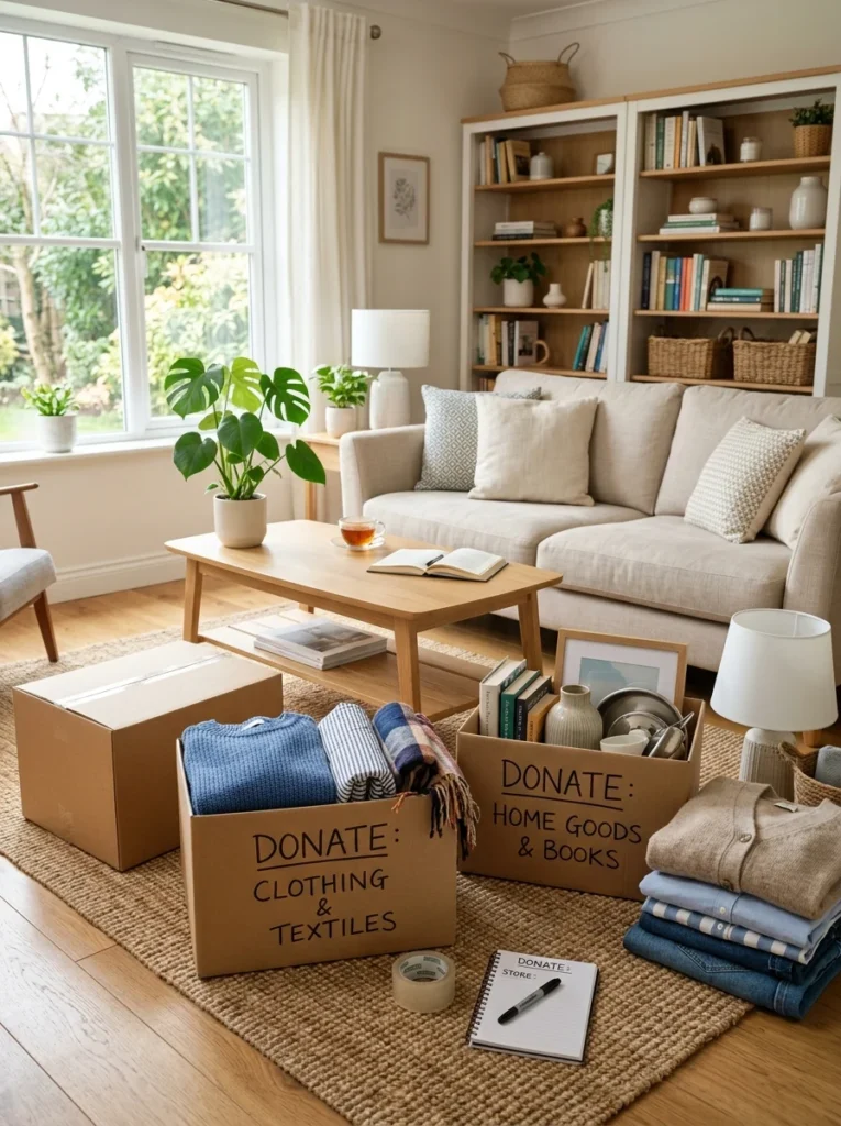 Person reviewing and donating rarely used household items.