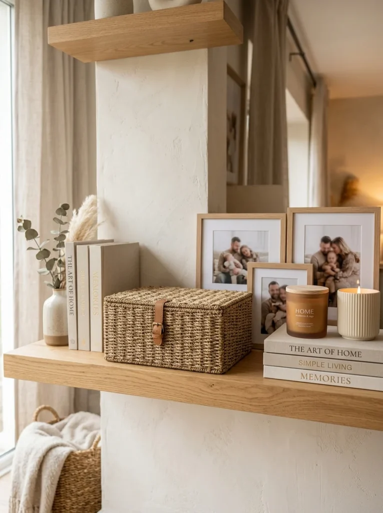 Decorative keepsake storage box displayed neatly in a minimalist home.