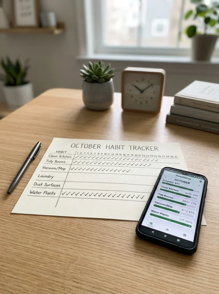 Monthly cleaning habit tracker beside a smartphone.