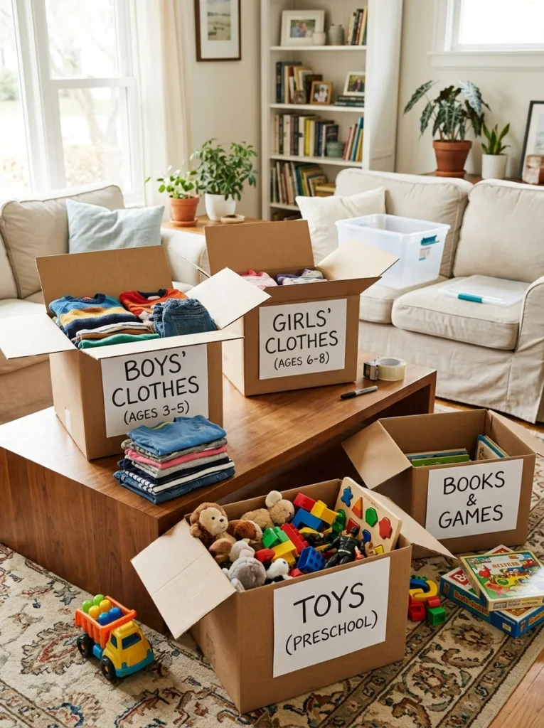 Family organizing children's belongings during a seasonal decluttering session.