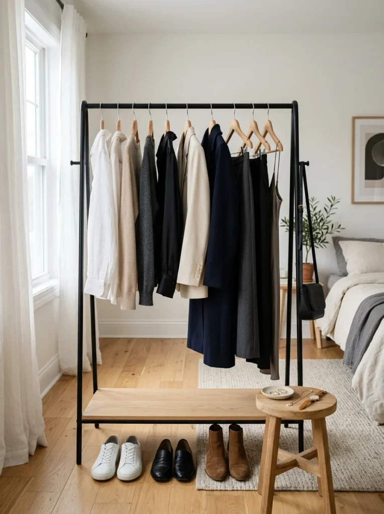 Minimal capsule wardrobe with versatile everyday outfits.