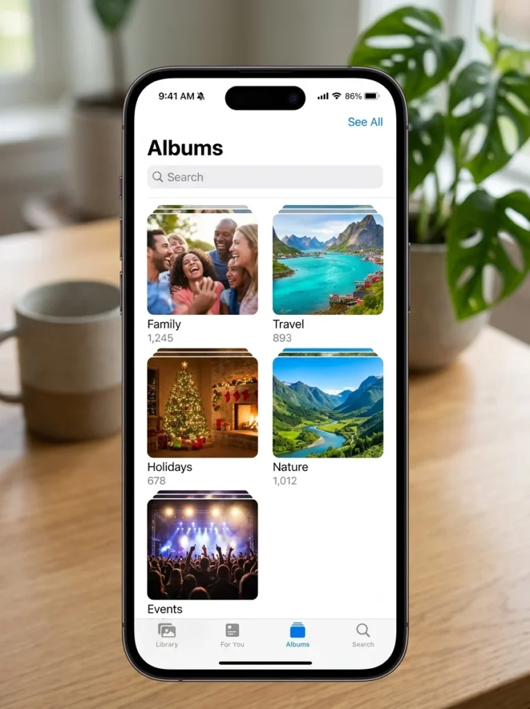 Smartphone photo gallery sorted into organized albums for easier browsing.