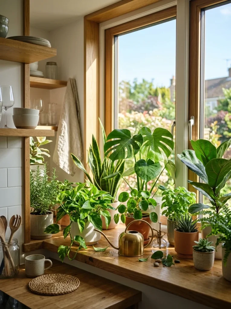 Watering indoor plants as part of a morning habit.