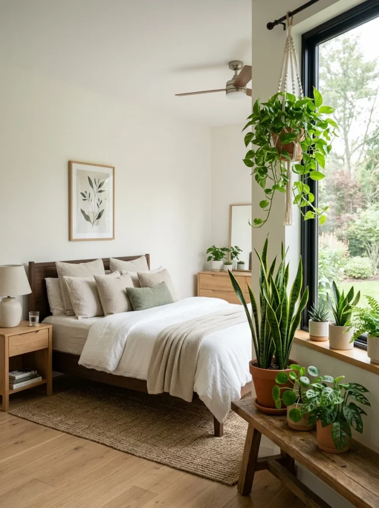 Indoor plants adding freshness and warmth to a cozy modern bedroom.