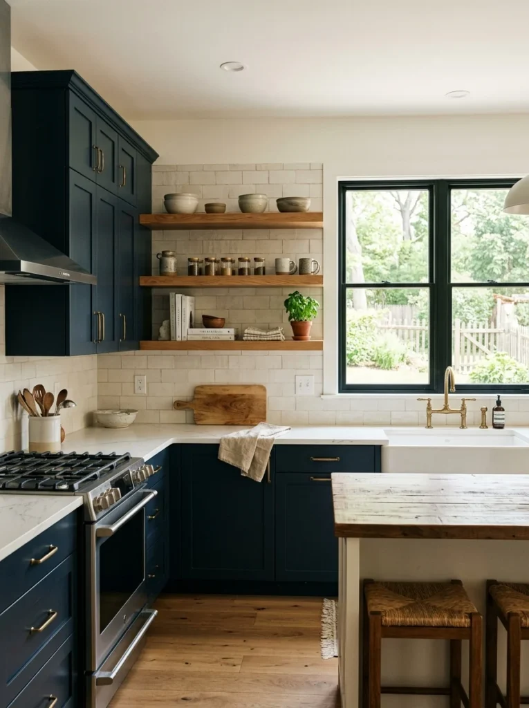 Modern kitchen combining open shelving with upper cabinets for balanced storage and style.