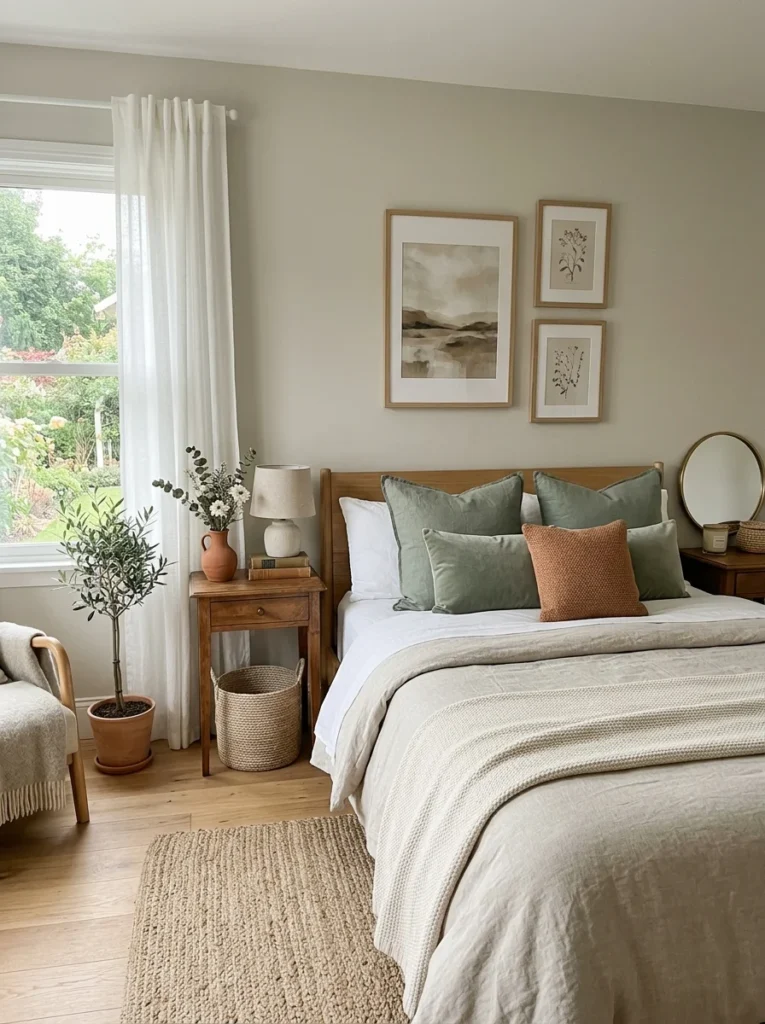 Neutral bedroom featuring colorful accents without overwhelming the space.
