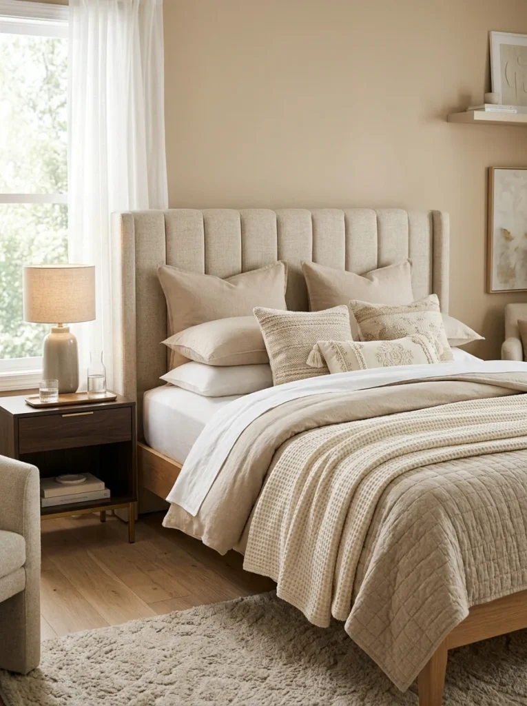 Upholstered headboard supporting layered euro shams and decorative pillows.
