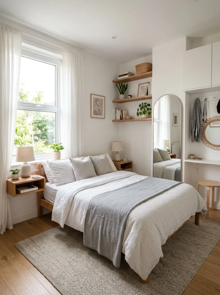 Small master bedroom using space-saving furniture and mirrors to improve functionality.