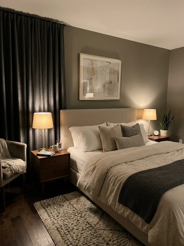 Cozy bedroom with blackout curtains and warm evening lighting.