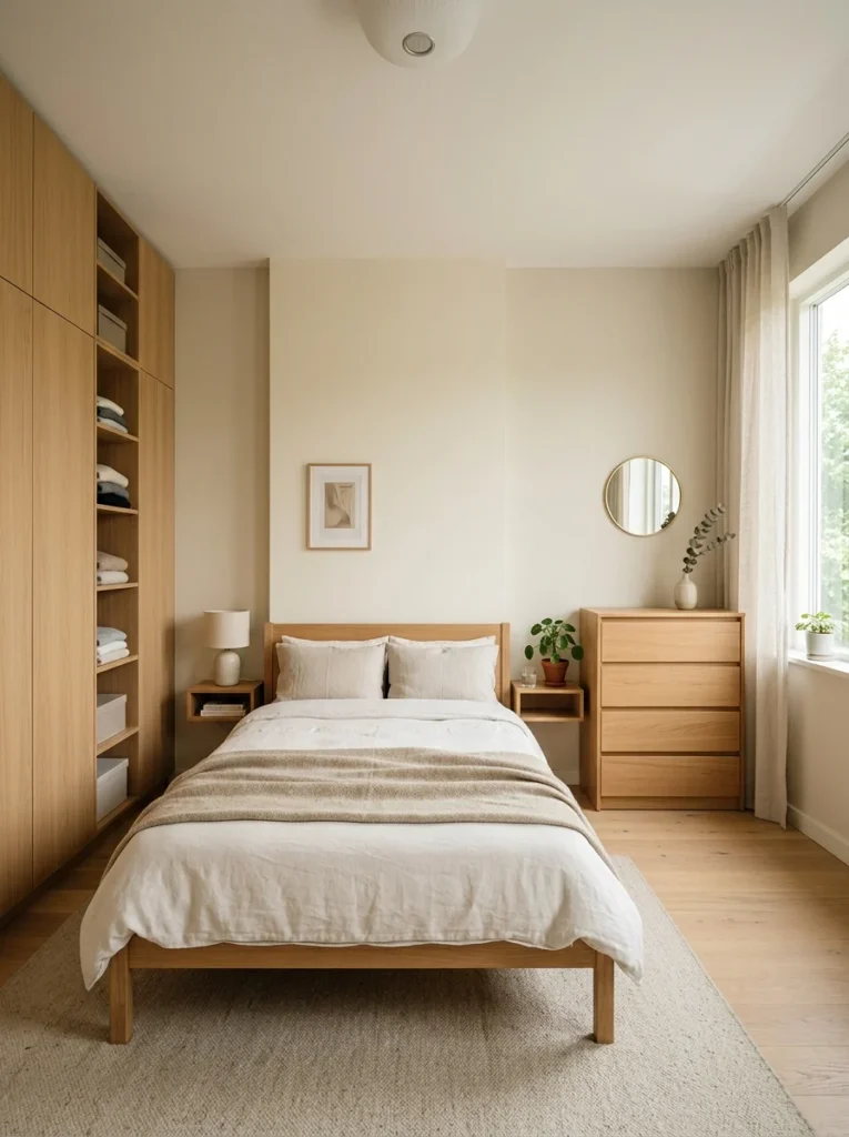 Minimalist bedroom with concealed storage furniture, clutter-free surfaces, and clean modern design.