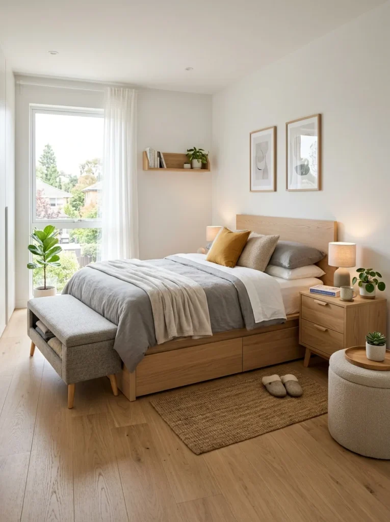 Bedroom furniture with hidden storage compartments for maximizing space.