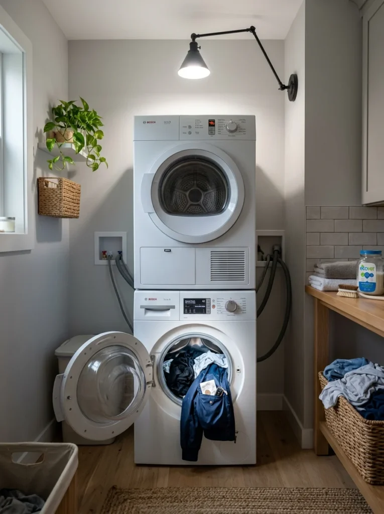 Laundry room with dedicated lighting above washer and dryer for reading controls and checking pockets.