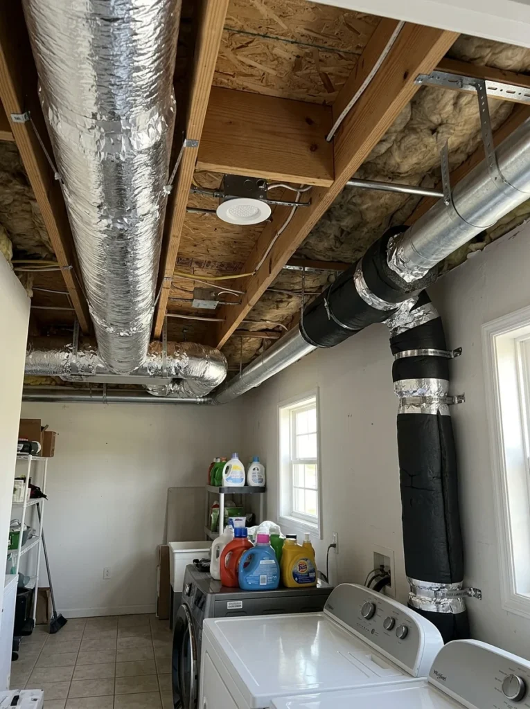 Insulated HVAC ducts and sealed dryer vent reducing noise transmission.