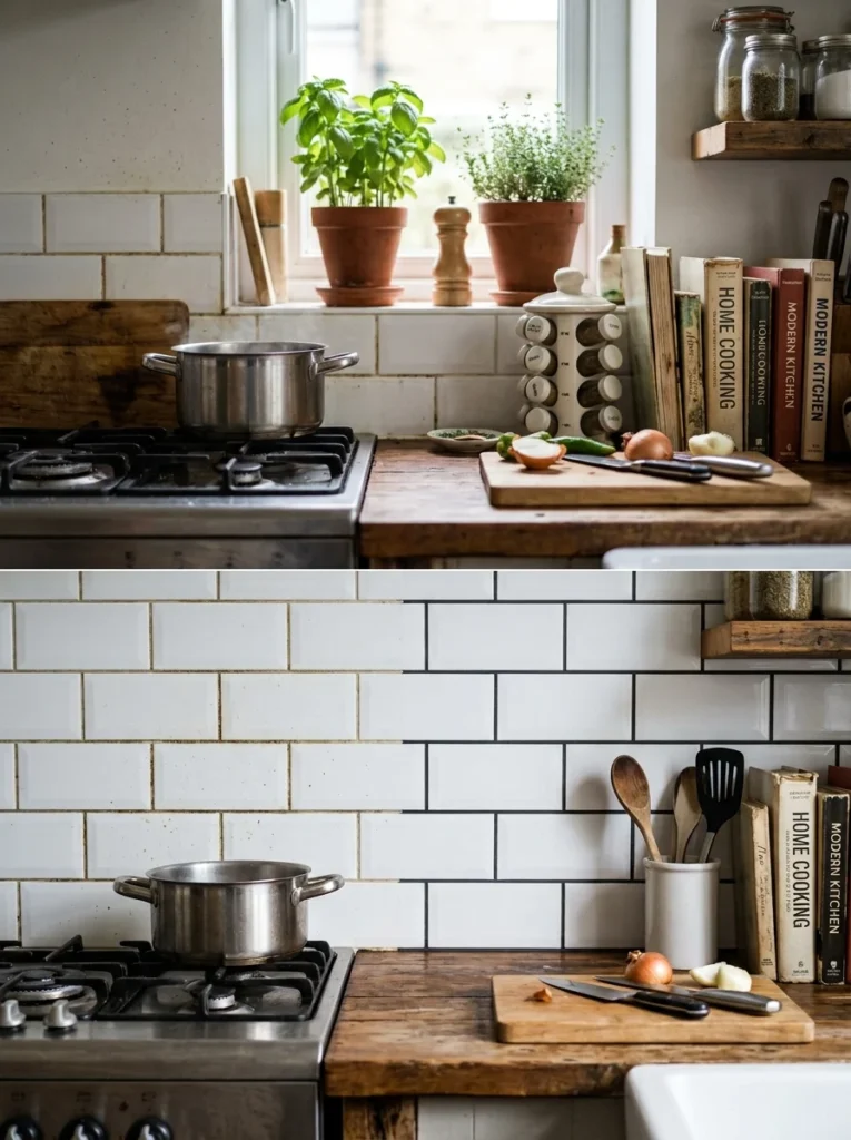 Comparison of stained white grout and darker easy-to-maintain kitchen grout.