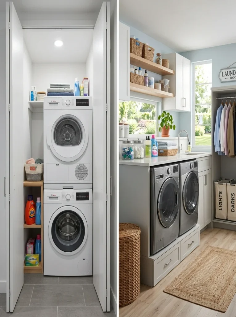 Stackable laundry in an apartment compared with side-by-side laundry in a large home.
