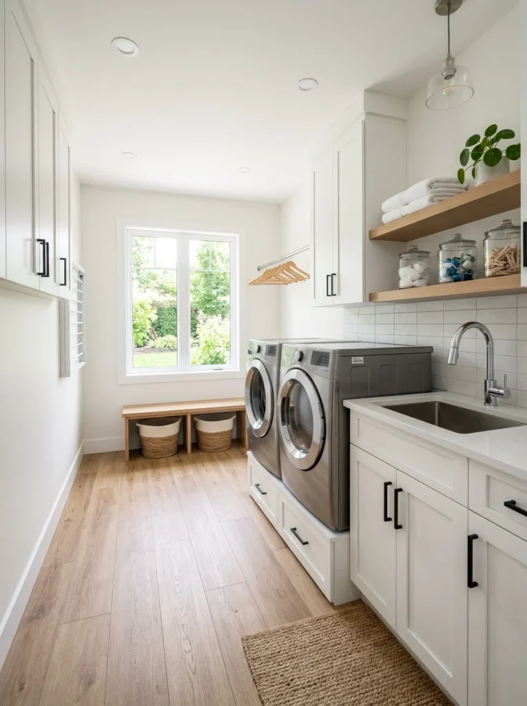 Laundry room built with mold-resistant walls and waterproof flooring.