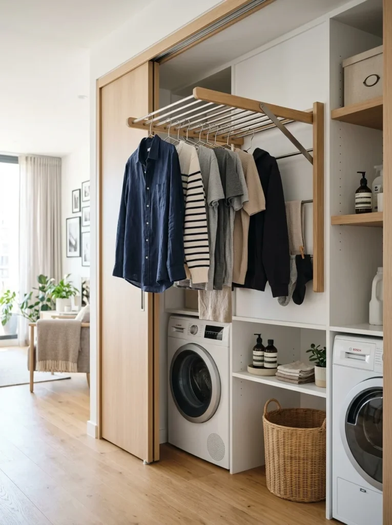 Fold-down wall-mounted drying rack inside a compact laundry closet.