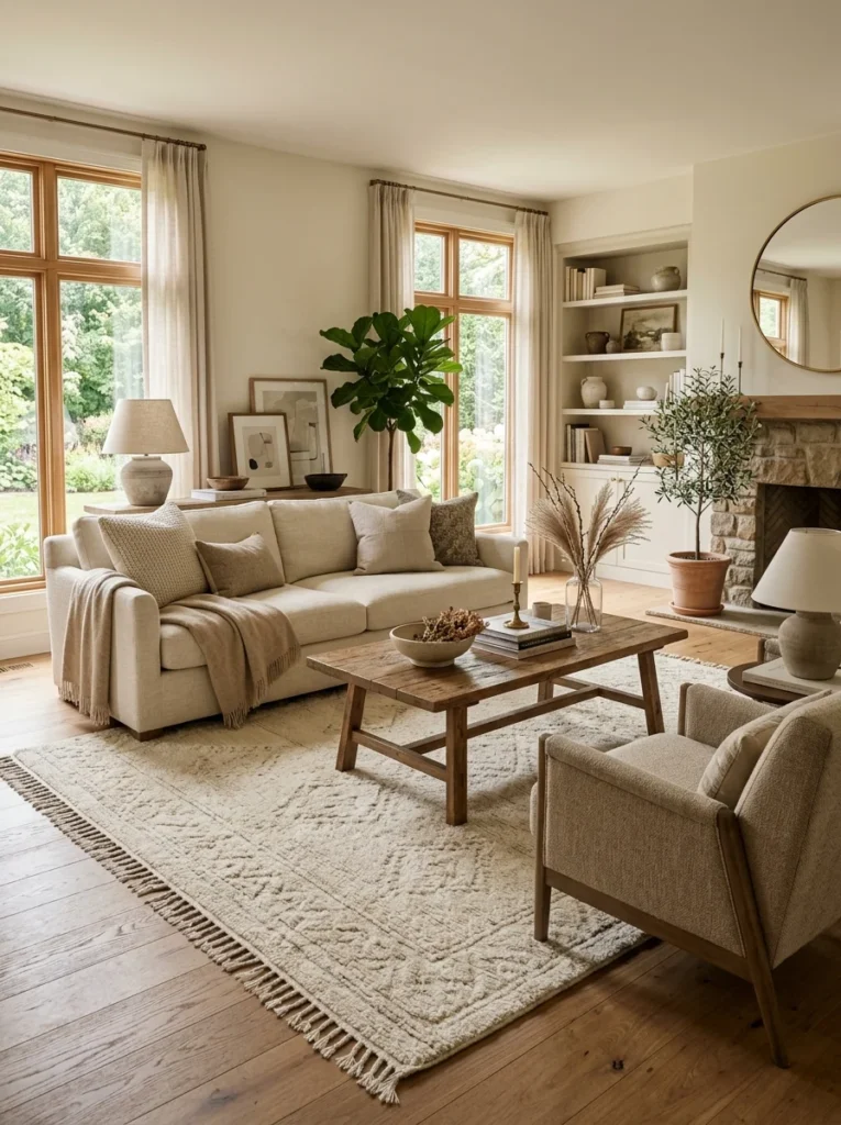 Soft neutral rug grounding a timeless living room layout.
