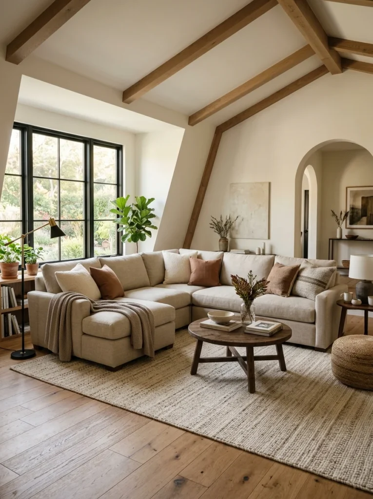 Large area rug anchoring a sectional sofa inside a modern living room.