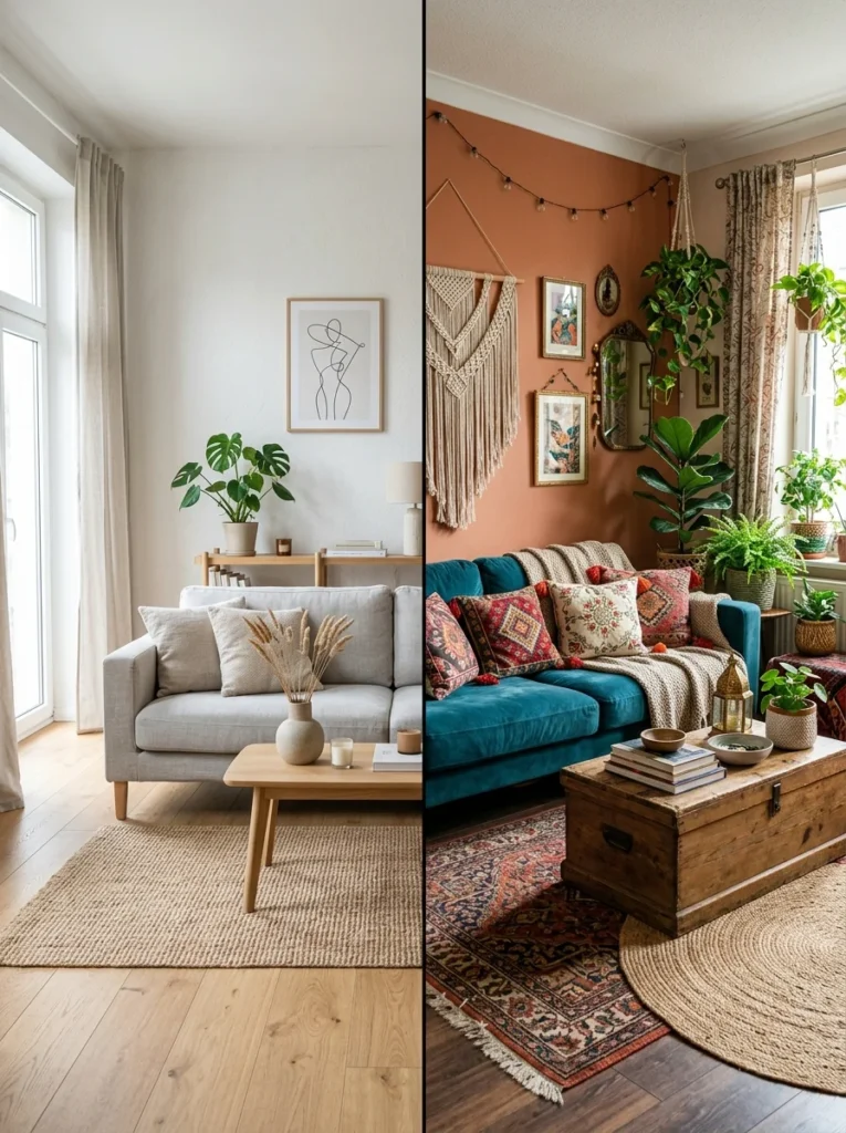 Comparison of texture choices in minimalist and bohemian living rooms.