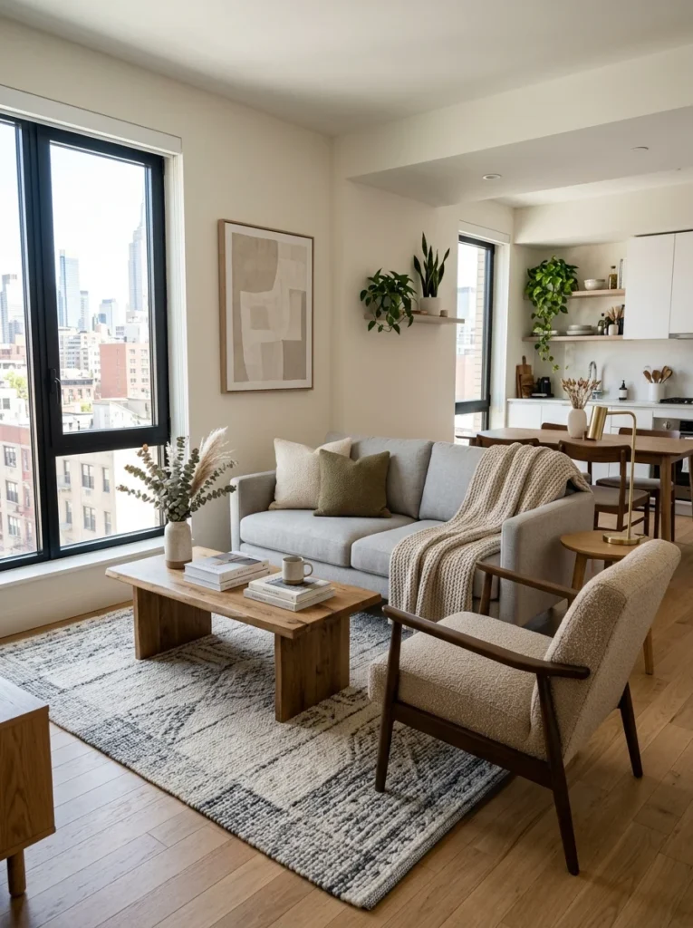Area rug creating a defined seating area inside a small rental apartment.