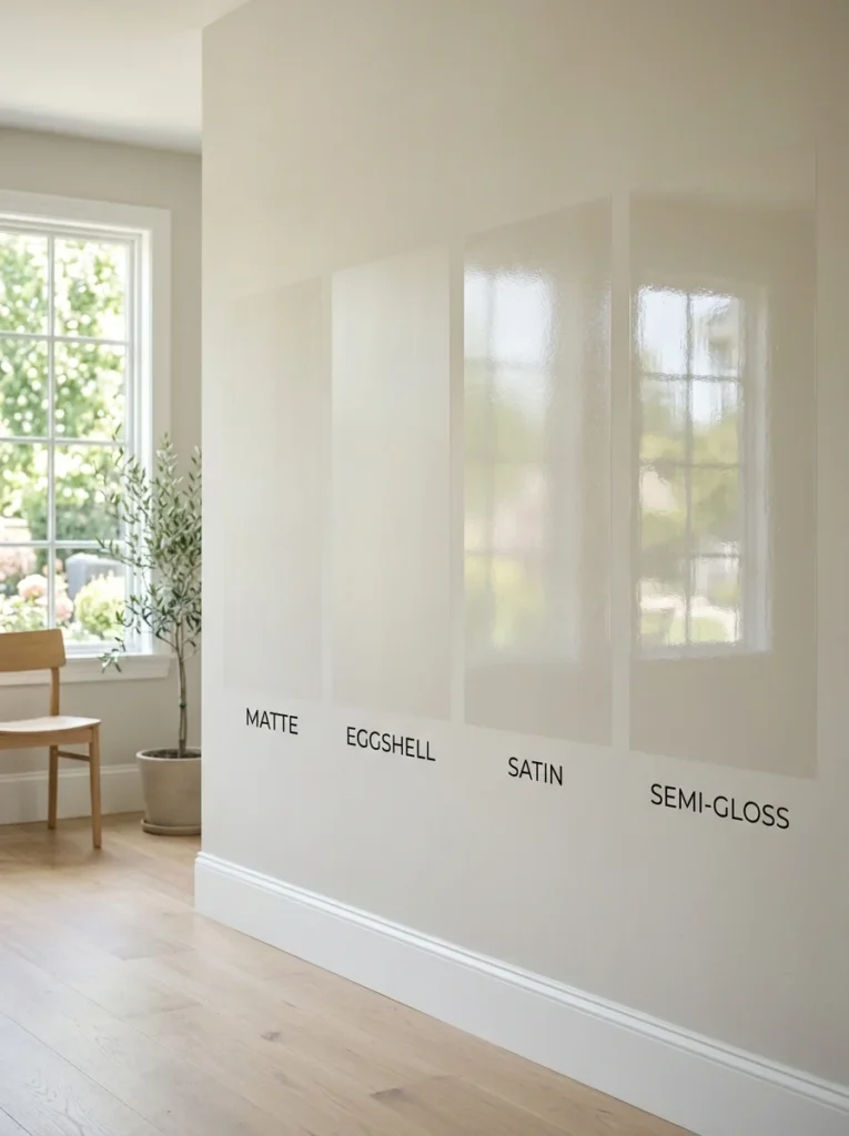 Wall displaying matte eggshell satin and semi-gloss paint finishes.
