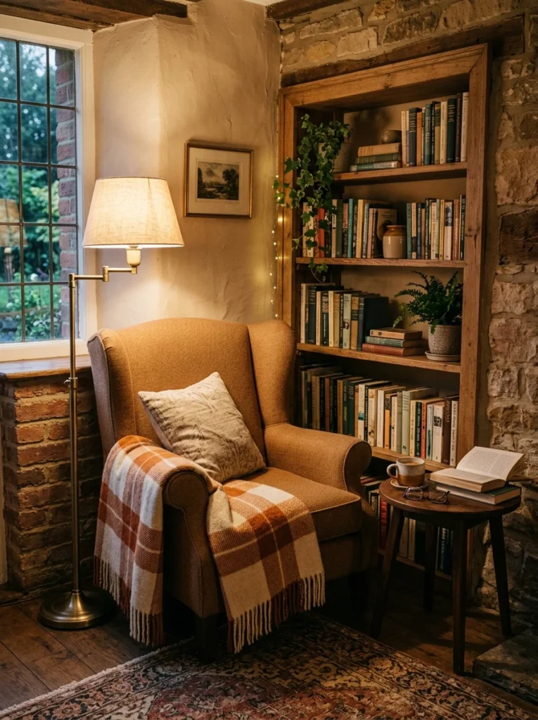 Unused living room corner converted into a comfortable reading nook with cozy furniture.