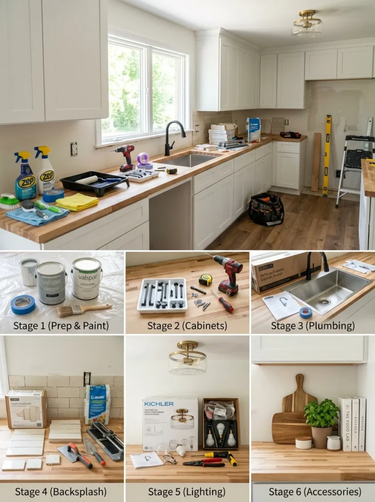 Organized DIY kitchen renovation sequence for a successful makeover.