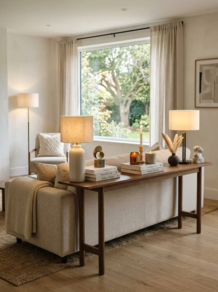 Console table beautifully styled behind a living room sofa.